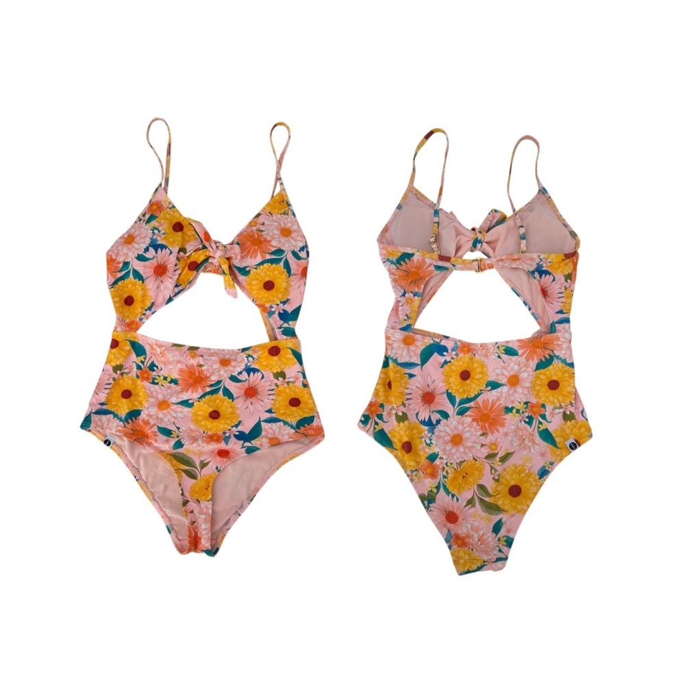 Eidon Floral One Piece Swimsuit Cutout Tie Front Peach Yellow Bathing‎ S Boho